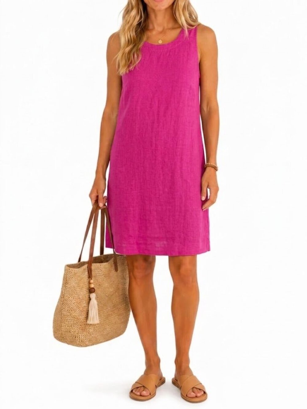 J.Crew 100% Linen Button-Back Shift Dress Fuchsia Pink Pockets Size XS